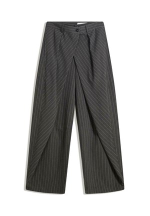 Szare spodnie w prążki o luźnym kroju, z pojedynczym zapięciem na guzik, plisami i szerokimi nogawkami.