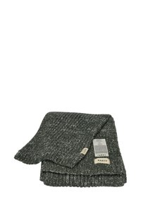 Dark gray knitted scarf folded, showing brand label "BARTS" and care instruction tag.