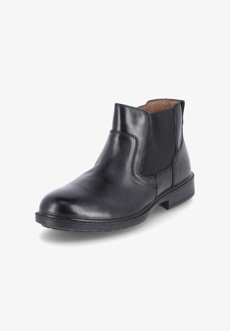 Schwarze Leder-Stiefelette mit glatter Oberfläche, elastischen Seitenteilen, runder Zehenpartie und einem niedrigen, rechteckigen Absatz. Minimale Nähte.