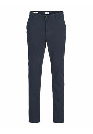 Pantalones de algodón azul marino con un diseño de pierna recta, que presentan un cierre frontal con botón y bolsillos laterales. Textura suave y detalles mínimos.