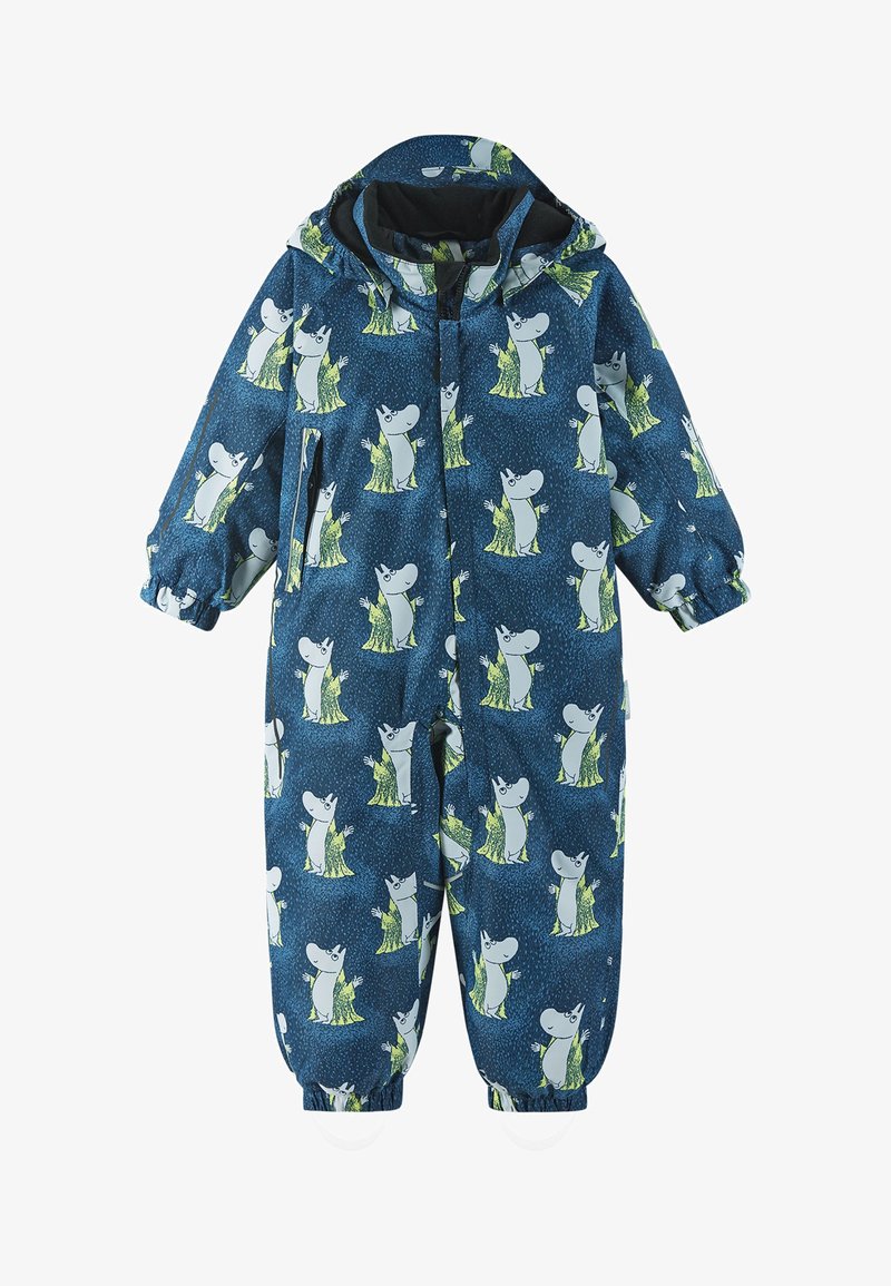 Blå vanntett overall med et gjentatt cartoon karaktertrykk i grønt og hvitt, elastiske mansjetter og glidelås foran.