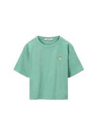 T-shirt en coton vert menthe avec des manches courtes, col rond, ornée d'un petit motif doré brodé sur le côté gauche.