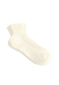 White cotton crew sock with ribbed texture, rounded toe, and a solid color design suitable for casual wear.