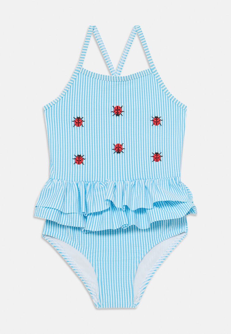 Blå och vit randig baddräkt med broderade röda nyckelpigor, volangkant och tunna justerbara axelband. Blandmaterial av bomull.