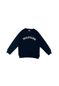 Felpa blu navy in cotone, con collo a giro e maniche lunghe raglan, caratterizzata dal logo "HILFIGER" in crema sul davanti.