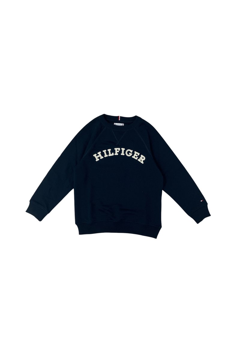 Felpa blu navy in cotone, con collo a giro e maniche lunghe raglan, caratterizzata dal logo "HILFIGER" in crema sul davanti.
