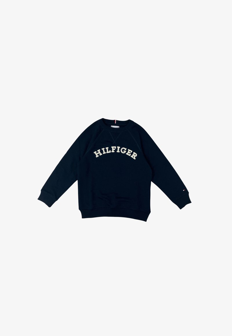 Felpa blu navy in cotone, con collo a giro e maniche lunghe raglan, caratterizzata dal logo "HILFIGER" in crema sul davanti.