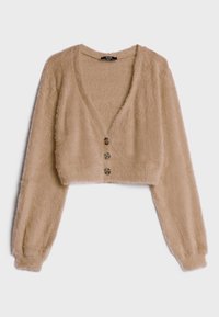 Beige kort kofta i fluffig kvalité, med djup V-ringning och tre bruna knappar fram. Långa, puffiga ärmar.