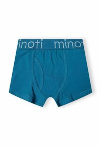 Plavi dječački bokserice s elastičnom trakom oko struka, na kojoj se nalazi djelomični bijeli natpis "minoti" na bijeloj pozadini.