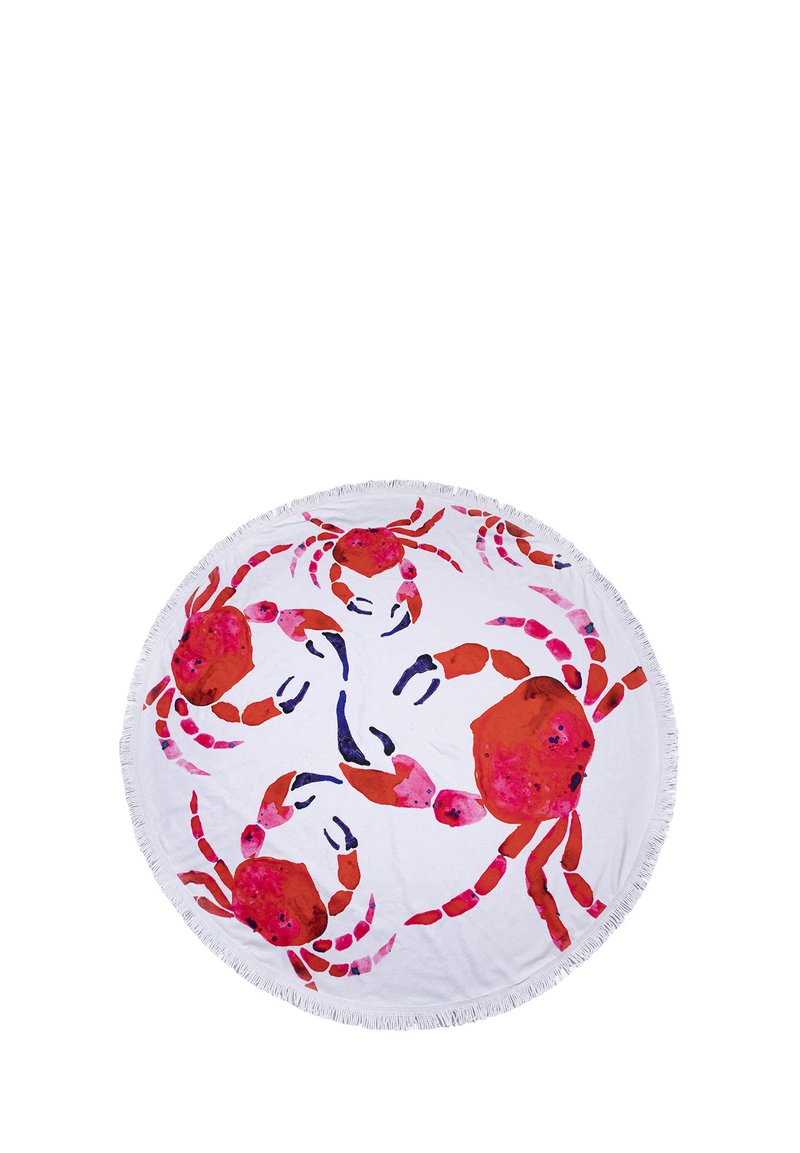 Round beach towel featuring a white background with colorful crab illustrations in red and pink. The edge is decorated with fringe.