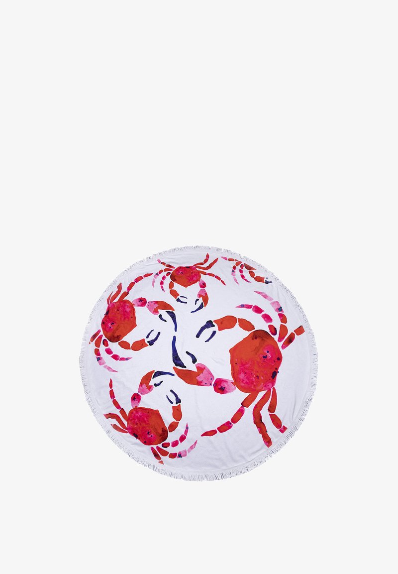 Round beach towel featuring a white background with colorful crab illustrations in red and pink. The edge is decorated with fringe.