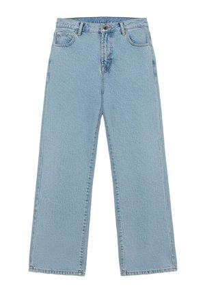 Světle modré džíny s širokými nohavicemi, vysokým pasem, rovnými nohavicemi, dvěma předními kapsami a zapínáním na mosazný knoflík.