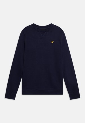 Dunkelblaues Sweatshirt aus weichem Stoff, mit rundem Ausschnitt, langen Ärmeln und einem kleinen gelben bestickten Logo auf der Brust.