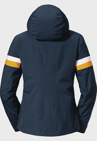 Marinejacke mit Kapuze, die an den Ärmeln gestreifte Akzente in Weiß und Orange aufweist und aus einem glatten, wetterfesten Material gefertigt ist.