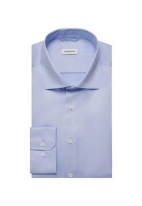 Chemise habillée à manches longues bleu clair, fabriquée en tissu lisse avec un col pointu et une patte de boutonnage. Présente deux boutons sur le poignet.