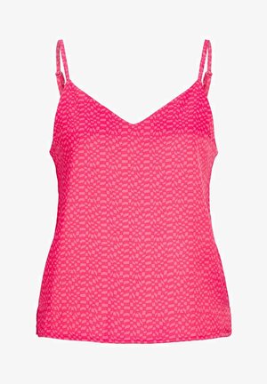 Camiseta de tirantes ajustables finos, cuello en V, y un patrón texturizado que presenta secciones alternadas sólidas y semitransparentes en color rosa.