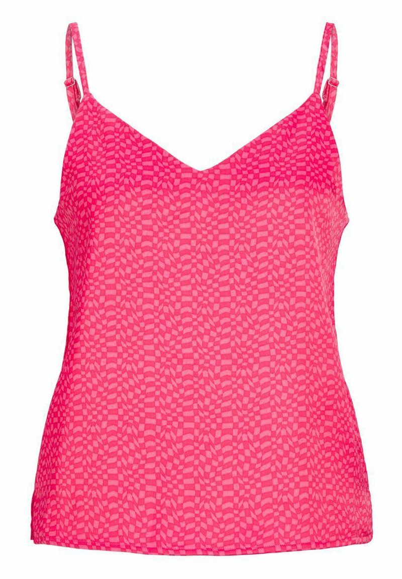 Różowa koszulka na ramiączkach z cienkimi, regulowanymi ramiączkami, dekoltem w szpic oraz teksturowanym wzorem z naprzemiennymi solidnymi i półprzezroczystymi sekcjami.