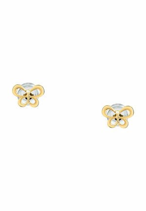 Kleine goldene Schmetterling-Ohrringe mit silbernen Schmetterlingsverschlüssen auf einem weißen Hintergrund.