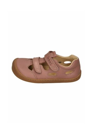 Kindliche matte rosa Ledersandale mit zwei verstellbaren Klettverschlüssen und brauner Gummisohle, mit ausgeschnittenen Belüftungslöchern.