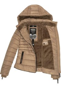 Beige gewatteerde jas met een capuchon, voorzien van een zachte bruine faux bont voering, ritszakken en een gestikte buitenkant. Merkenlabel zichtbaar aan de binnenkant.