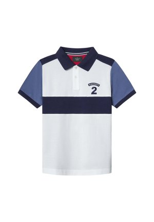 Polo tričko v bílé barvě s námořnickými a světle modrými akcenty. Obsahuje tři knoflíky, logo "HACKETT" a vyšitý číslo "2". Krátké rukávy.
