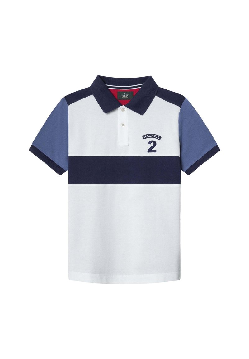 Polo blanc avec des accents bleu marine et bleu clair. Présente trois boutons, le logo "HACKETT" et le numéro "2" brodé. Manches courtes.