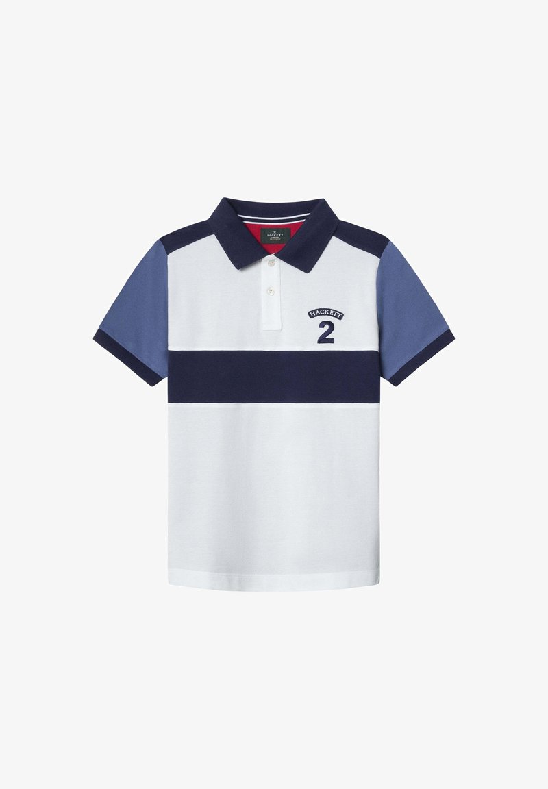 Poloshirt in wit met marineblauwe en lichtblauwe accenten. Voorzien van drie knopen, het "HACKETT"-logo en het nummer "2" geborduurd. Korte mouwen.