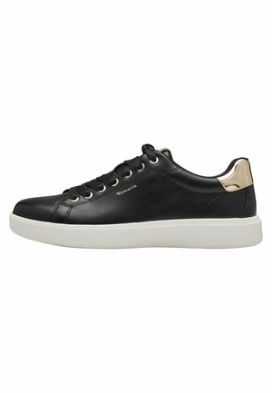 Schwarze Ledersneaker mit goldenen Akzenten, runder Zehenpartie, weißer Sohle und sechs Ösen für die Schnürsenkel. Glatte Textur und minimalistisches Design.