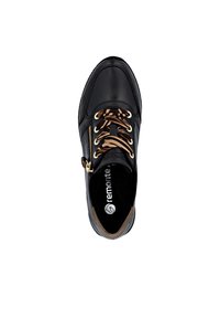Black leather sneaker with brown accents, gold-tone eyelets, patterned laces, and a side zipper. Soft interior lining visible.