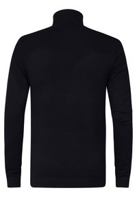 Schwarzer Pullover mit hohem Kragen und langen Ärmeln. Aus glattem Material gefertigt, weist ein tailliertes Design und Rippdetails am Kragen und an den Bündchen auf.