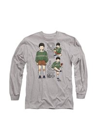 Graues Langarmshirt mit einer Cartoonfigur mit schwarzen Haaren in einem grün gestreiften Pullover und braunen Shorts; daneben der Text "CHUL-SU".