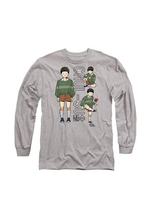 Gray long-sleeve shirt featuring cartoon character with black hair in a green-striped sweater and brown shorts; text "CHUL-SU" beside it.