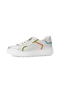 Silver leather sneaker with green, orange, and blue accents. Features a thick white sole and lace-up design, smooth texture.