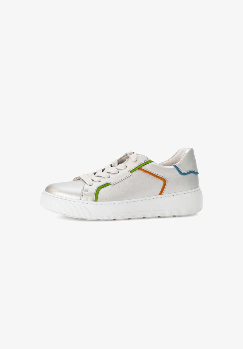 Silver leather sneaker with green, orange, and blue accents. Features a thick white sole and lace-up design, smooth texture.