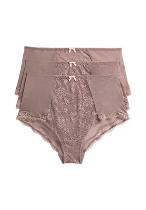 Trois culottes en dentelle mauve taille haute avec motifs floraux, petits nœuds à l'avant et panneaux latéraux en maille, empilées sur un fond blanc.