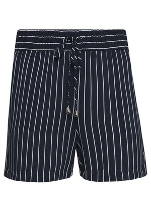 Short bleu marine avec des rayures verticales blanches, taille élastique et cordon frontal avec embouts métalliques.