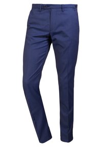 Granatowe spodnie o fakturowanym wykończeniu, prostym kroju, z przednimi kieszeniami i zapięciem na guzik. Materiał wydaje się lekki i przewiewny.