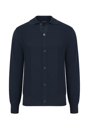 Granatowy sweter zapinany na guziki, z kołnierzem, prążkowaną fakturą i pionowymi paskami na przodzie.