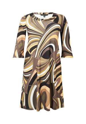 Brun og beige mønstret kjole med lange ærmer, en rund halsudskæring og et unikt svulmønster. Blødt stof med en flydende form.