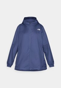 Navy blue windbreaker jacket made of lightweight material, featuring a zip front, hood, elastic cuffs, and The North Face logo on the chest.