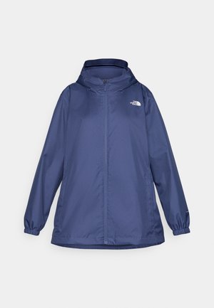 Jachetă de vânt de culoare albastru marin, realizată din material ușor, cu fermoar frontal, glugă, manșete elastice și logo-ul The North Face pe piept.