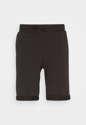 Schwarze Baumwollmix-Shorts mit einem Zugbandbund, umgeschlagenen Säumen und glatter Textur. Lässiges Design, geeignet für warmes Wetter.