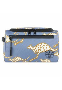 Blauwe stoffen tas met een patroon van springende kangoeroes in gouden en witte stippen, met zwarte ritsen en een zichtbaar logo aan de zijkant.