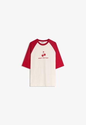 White T-shirt with red raglan sleeves, featuring a cherry graphic and the text "What's Your Deal?" in red. Made of cotton.
