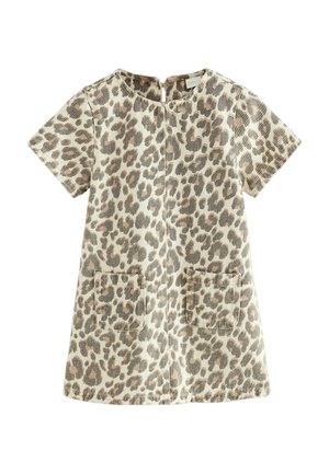 Rochie cu imprimeu leopard, cu mâneci scurte, două buzunare frontale, decolteu rotund și fermoar la spate. Materialul are o textură specială.