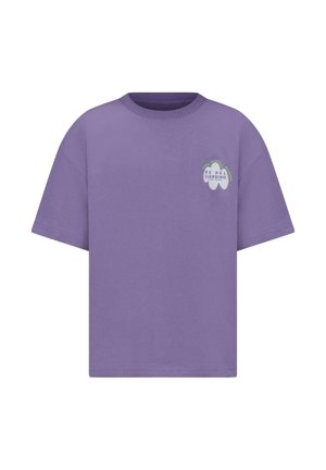 Paarse katoenen T-shirt met een ronde hals, korte mouwen en een frontgrafiek met de tekst "RE DEL GIARDINO" en bladaccenten.