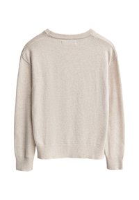 Beżowy sweter z okrągłym dekoltem, prążkowanymi mankietami i dolnym obszyciem. Miękka, teksturowana tkanina o luźnym kroju i opuszczonych szwach ramion.