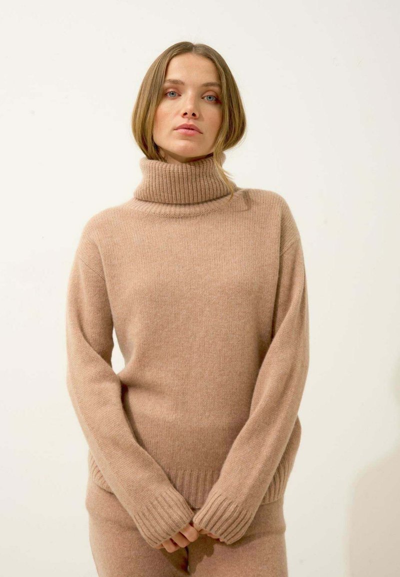 Beige turtleneck neule pehmeästä neulosmateriaalista, jossa on ribbed hihansuut ja helma, rento malli, pitkähihaiset ja minimaalinen yksityiskohtaisuus.
