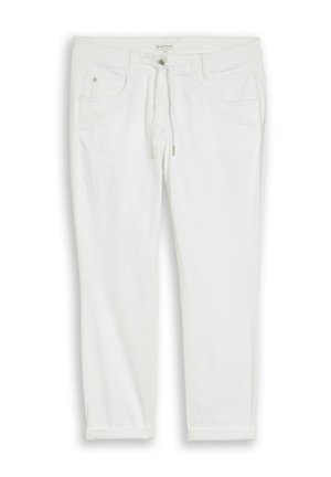 Pantalon blanc droit avec taille à cordon, fermeture par bouton, poches avant et arrière, et ourlets retournés.