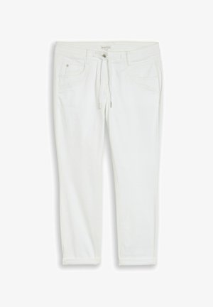 Pantalon blanc droit avec taille à cordon, fermeture par bouton, poches avant et arrière, et ourlets retournés.